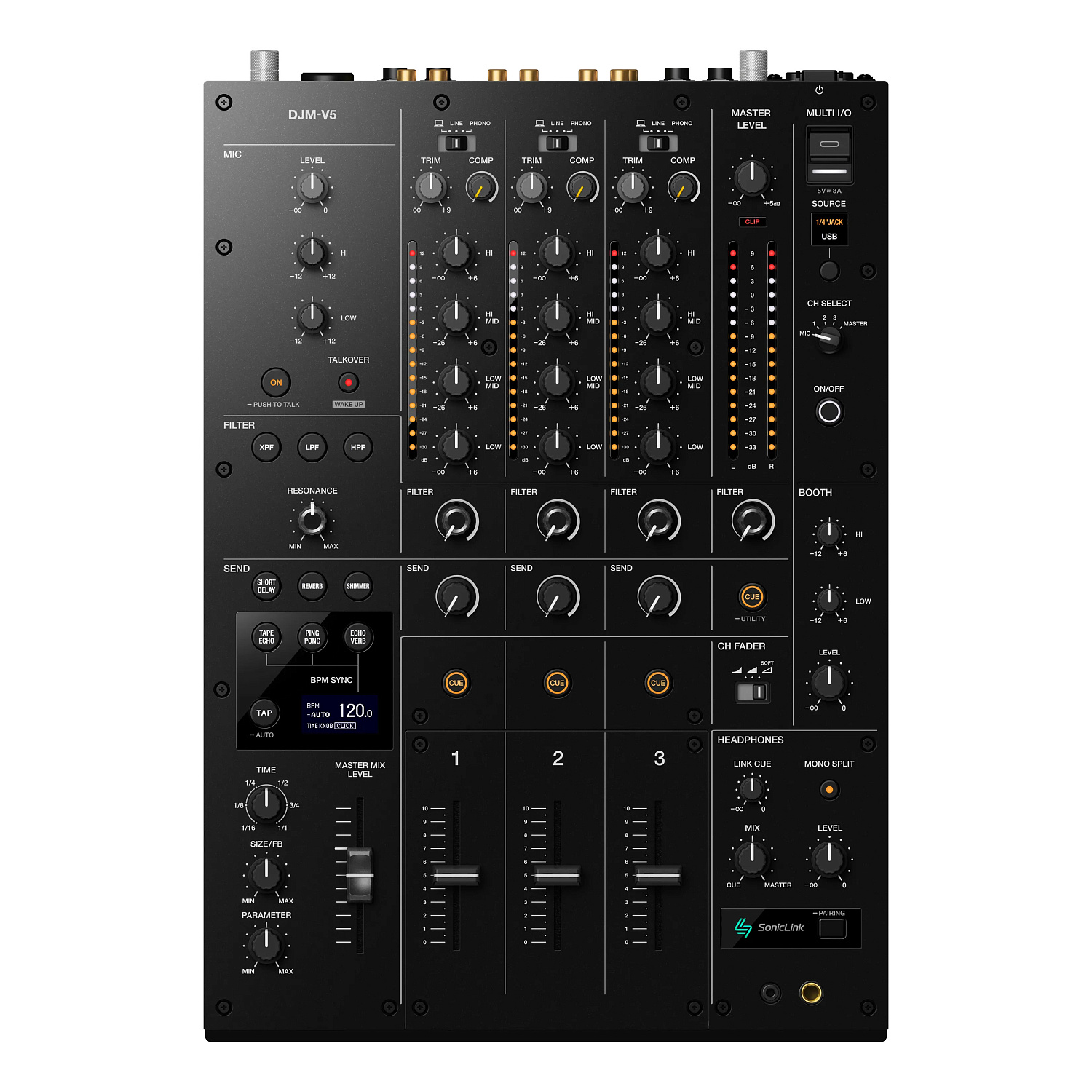 AlphaTheta DJM-V5: трёхканальный DJ-микшер нового поколения с SonicLink и фильтром cross-pass